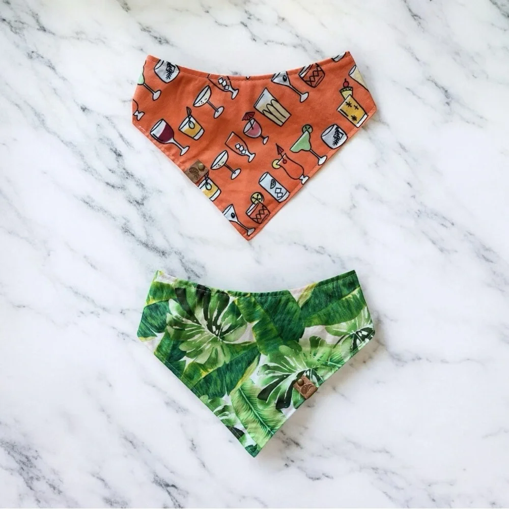 DOG Bandana - Cocktails & Green Leaves (Reversible) - Size M Medium